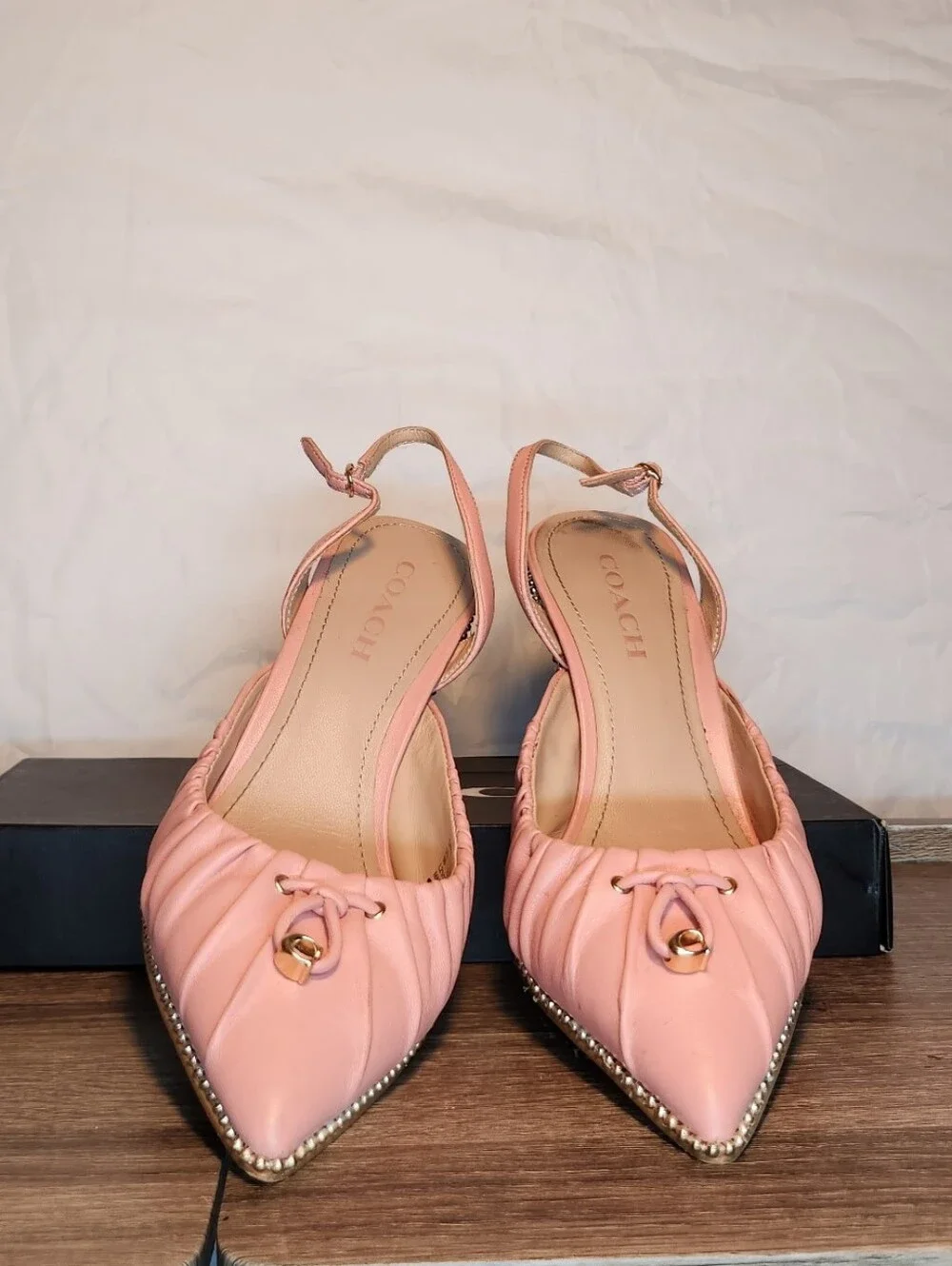 Coach Pink Quilted Pointed-Toe Slingback Heels with Gold Accent